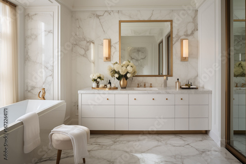 The bathroom is decorated with modern bright white marble.