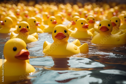 There are many yellow rubber ducks in the water.