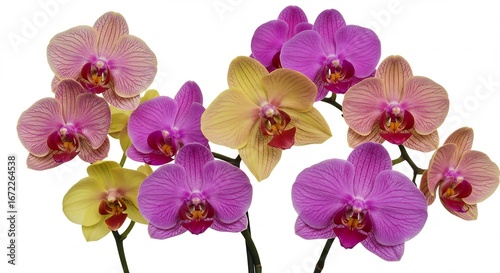 Vibrant pink and yellow orchids bloom brightly against a pure white background. AI Generated