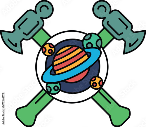 A cartoonish drawing of a hammer and a wrench with a planet in the middle