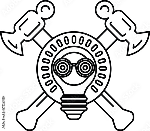 A black and white drawing of a man with a hammer and an axe