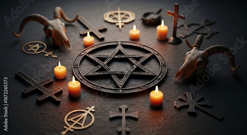Occult Ritual with Satanic Symbols, Skull, and Candles on a Dark Background