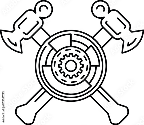 A black and white drawing of a hammer and an ax with a gear in the middle