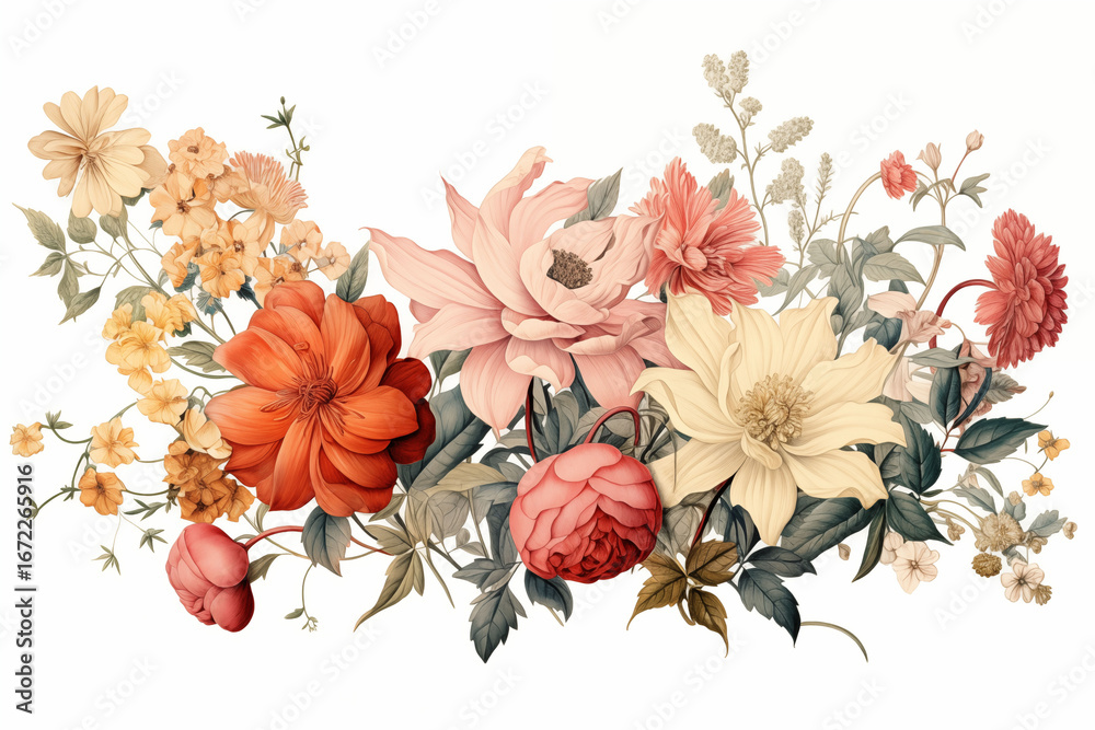 Obraz premium Vintage illustration of a collage of isolated flowers on white.