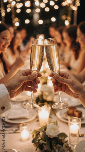 Hand holding glass of champagne, people cheering, friends, party nightclub, wedding, cheering, family, sparkling wine, luxury, 4K, vertical video, social media, 9:16, insta story