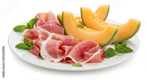Delicious prosciutto and cantaloupe slices artfully arranged on a plate bathed in bright studio light.. AI Generated