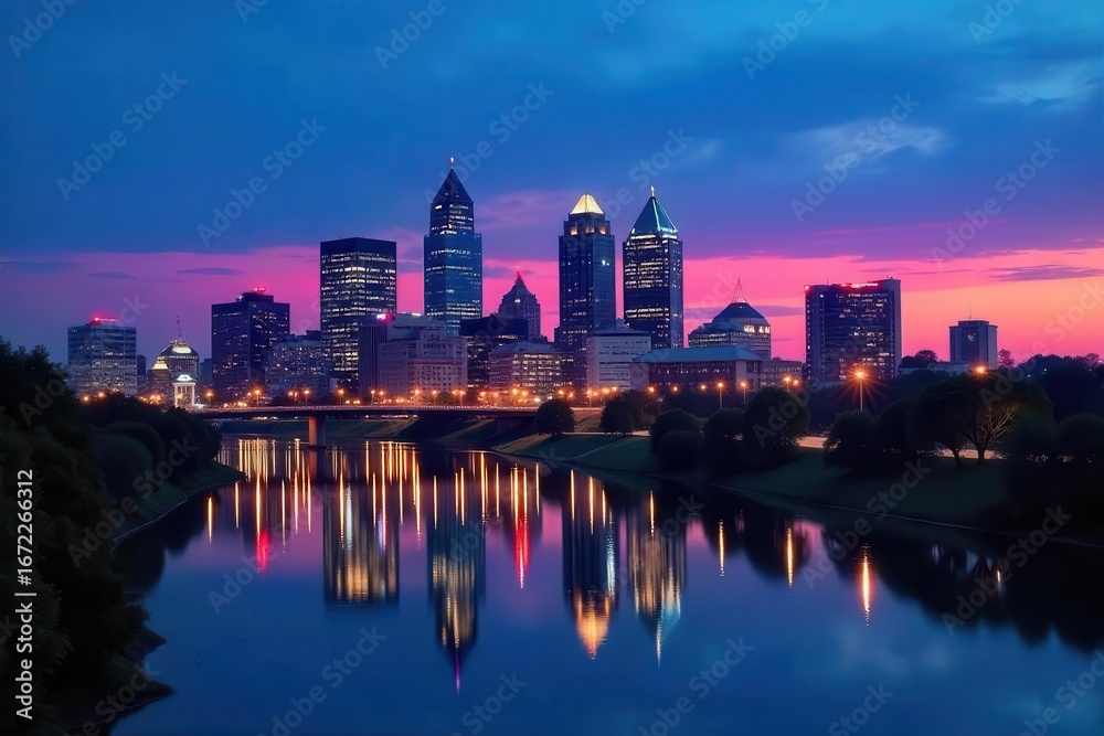 Obraz premium Evansville skyline at twilight, blue hour hues, photo, shadows