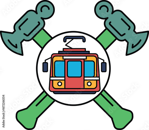 A red and orange train with a green handlebar