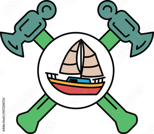 A cartoon drawing of a boat with a hammer and an anvil on either side