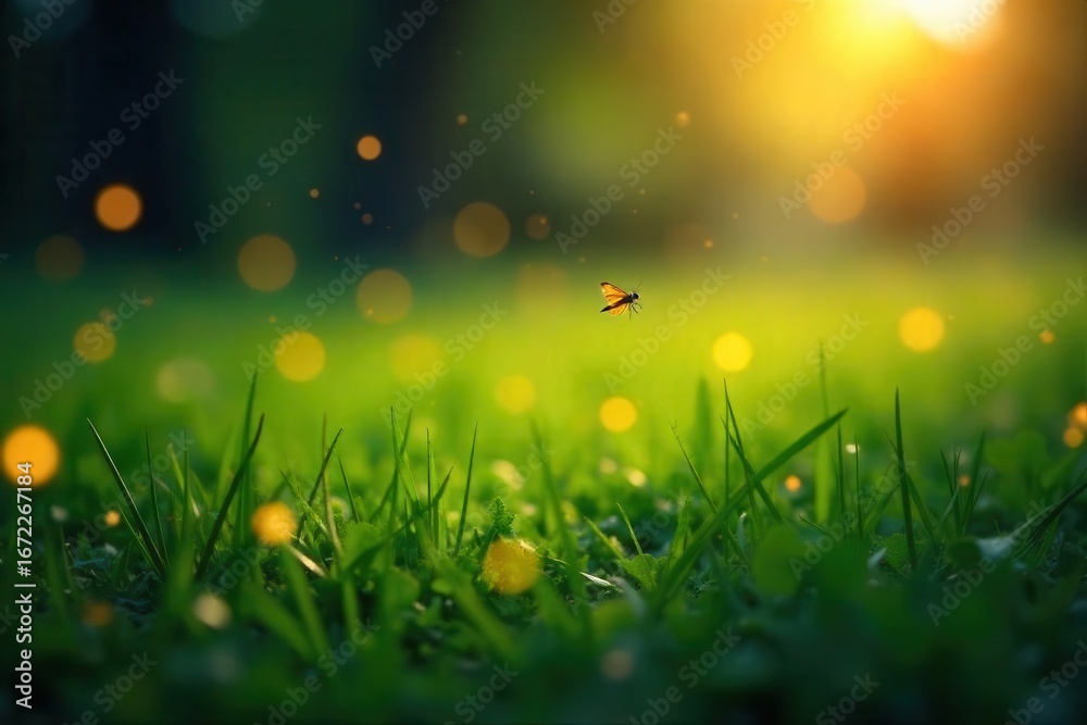 Obraz premium Dancing firefly lights in a vibrant green meadow, fading sun , glow, light