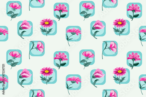Hand drawn seamless pattern of pink flower on square frame in light green background  for textile, wallpaper, wrapping,Vector illustration