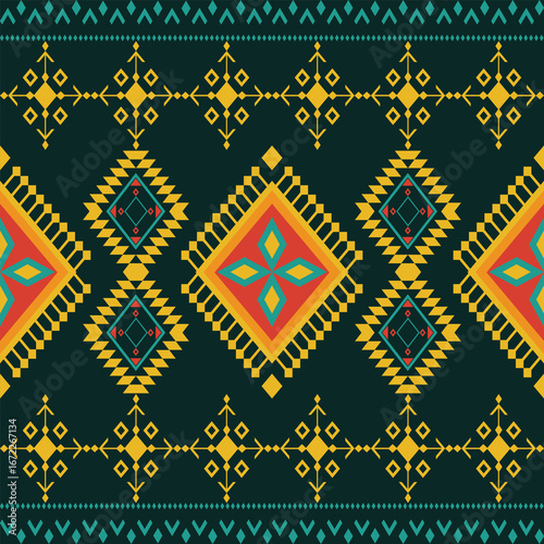 Vector seamless  geometric yellow diamond pattern on dark green background for textile, carpet, decorative