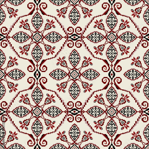 Seamless pattern of pixel art design of abstract flower in curve polygon frame on ivory background for textile, tile, carpet