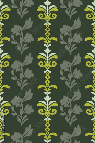 Seamless ikat pattern with  leaf and curve line embroidery design on dark green background for carpet, textile, cloth,wallpaper