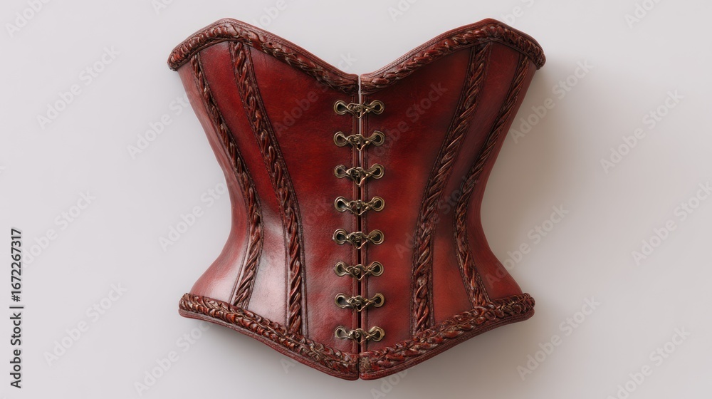 Fototapeta premium Burgundy leather corset with braided trim and bronze lacing eyelets
