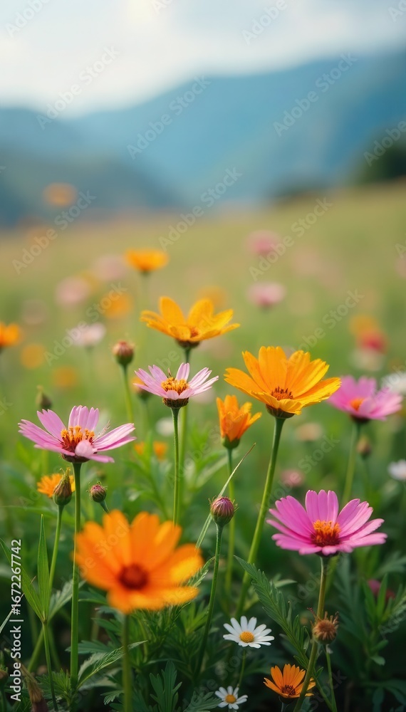 Obraz premium Close-up of blooming wildflowers in meadow, vibrant colors, landscape, sunshine