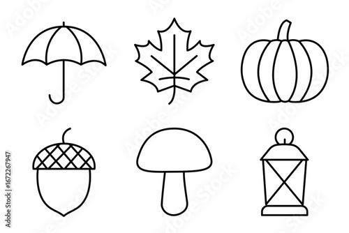 Autumn icons set with editable stroke. Vector outline of umbrella, maple leaf, pumpkin, acorn, mushroom and lantern. Minimalist collection for fall season, harvest, thanksgiving and holiday design.