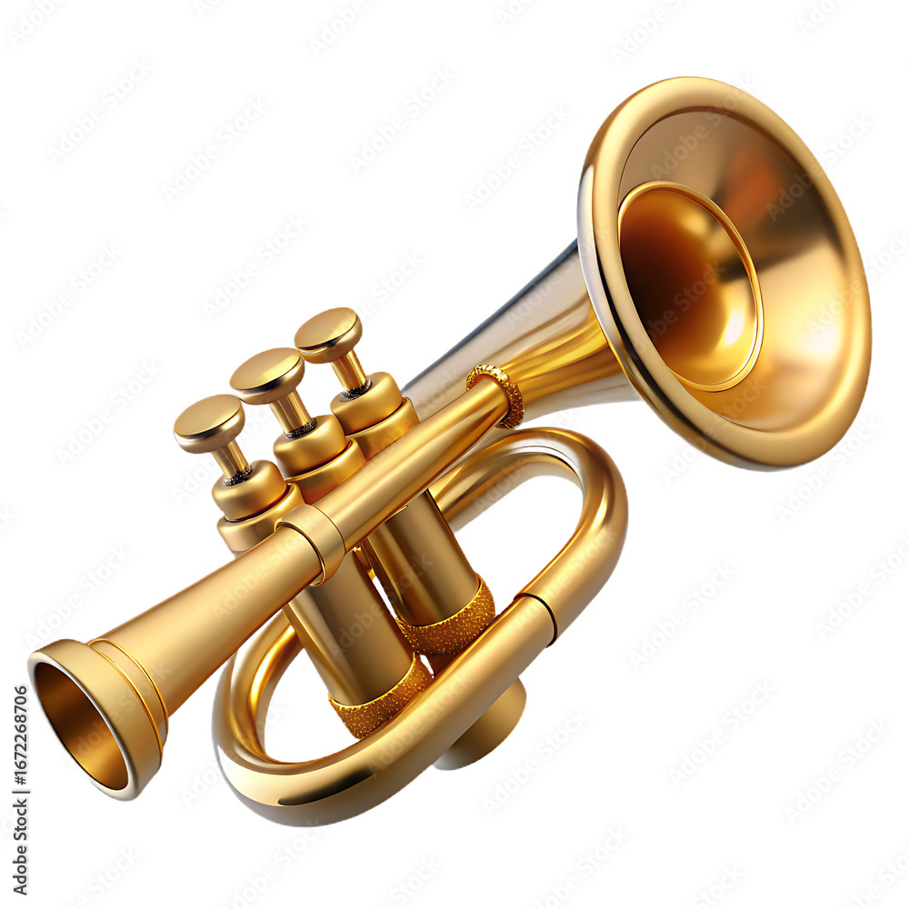 Naklejka premium Shiny golden brass pocket trumpet musical instrument polished metal close up studio shot