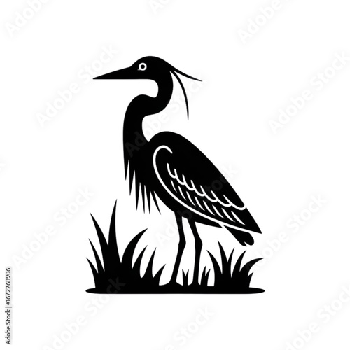 Elegant black heron silhouette standing gracefully amidst stylized reeds perfect for nature designs.