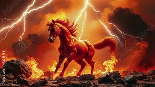 Fiery red horse standing on rocks under stormy sky with lightning  