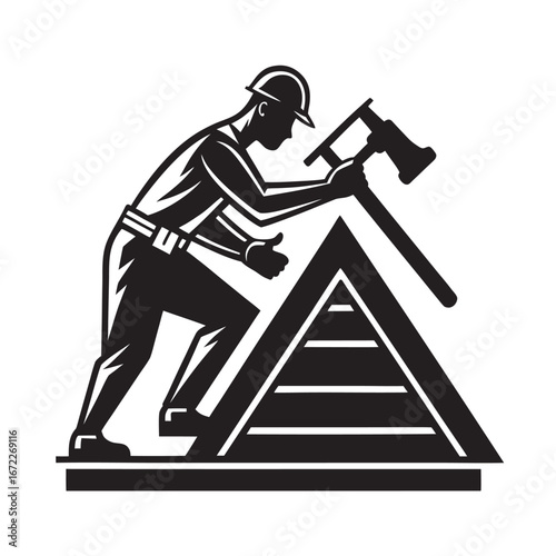 Roofer Hammering Nails On Roof Silhouette Vector
