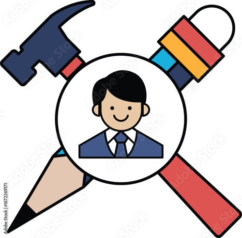 A man with a smile on his face is surrounded by a hammer, a pencil, and a wrench