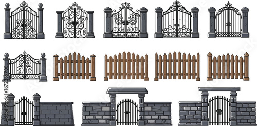Collection of various fence and gate designs on a white background