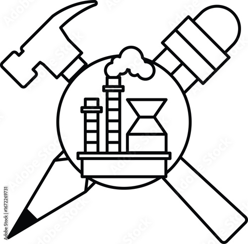 A black and white drawing of a hammer, a pick, and a pencil