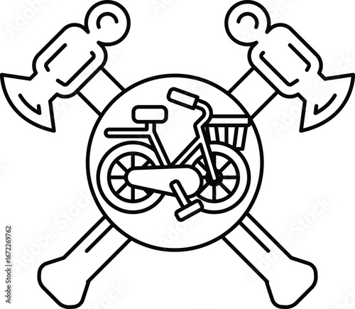 A black and white drawing of a bicycle with a handlebar and a basket