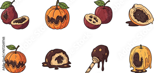 Halloween themed fruit and chocolate dessert cartoon vector set
