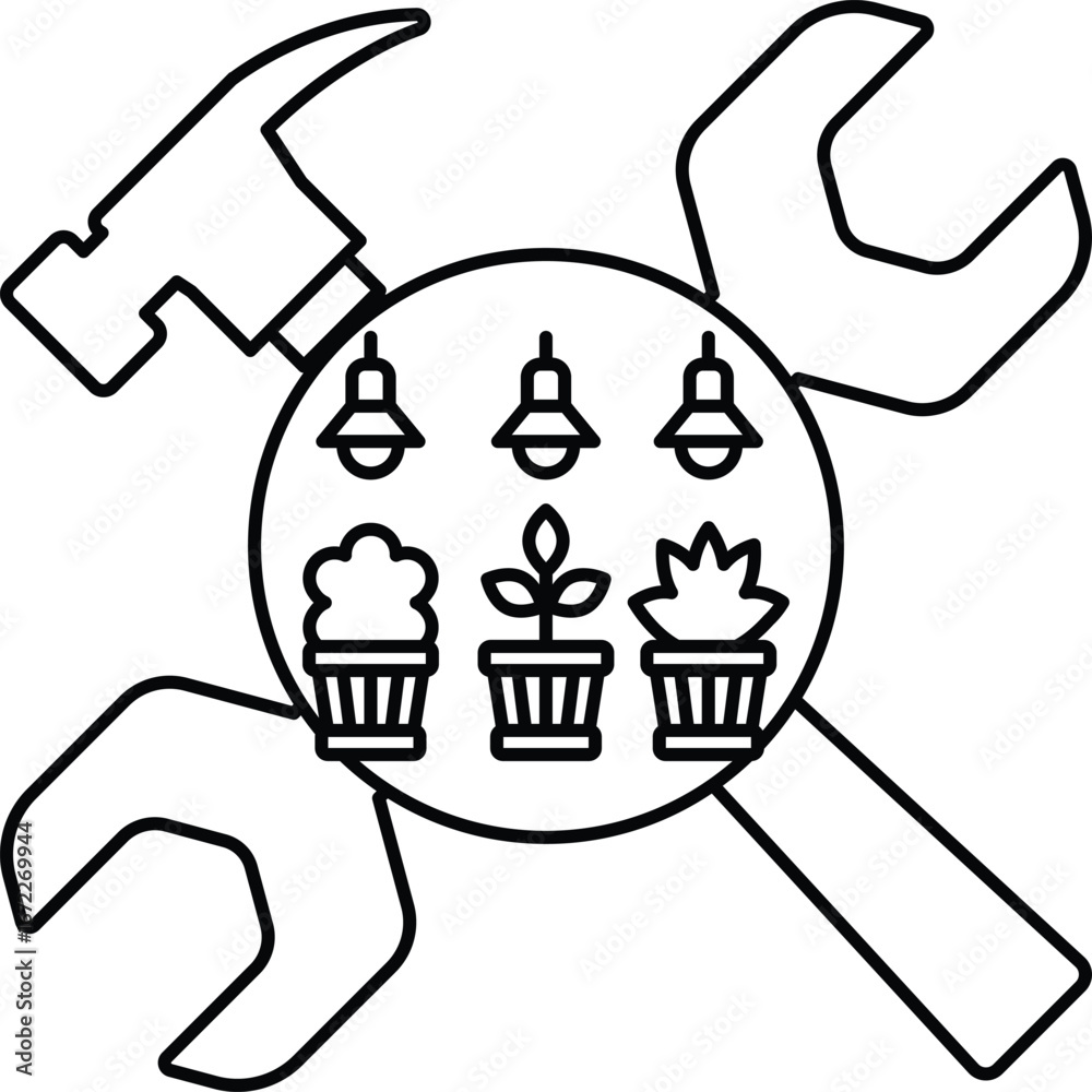 Fototapeta premium A black and white drawing of a hammer, wrench, and light fixture