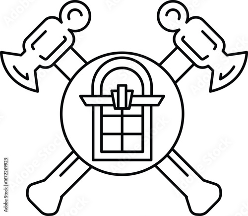 A black and white drawing of a hammer and an axe with a window in the middle