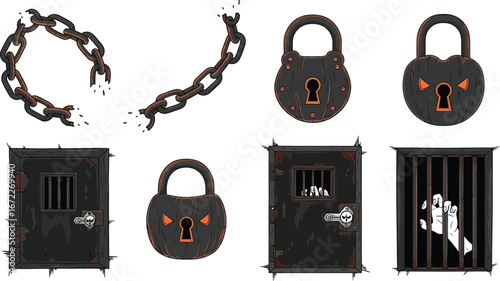 Cartoon illustration of broken chains locks and prison doors