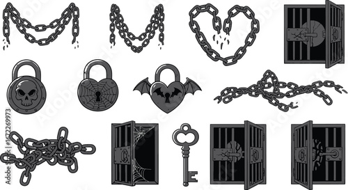 Cartoon set of chains locks keys and jail cells for halloween