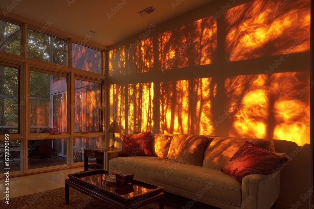 Fototapeta premium Dynamic Golden Hour Light and Abstract Tree Shadows Transform Modern Living Room Interior.