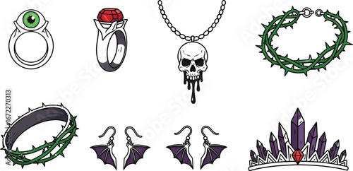 Collection of gothic jewelry with rings necklace and earrings