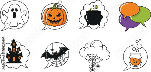 Halloween speech bubbles with ghost pumpkin bat and cauldron