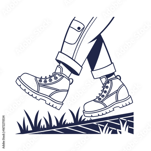 Flat graphic vector of legs in durable boots, walking on grass. Symbolizes outdoor work, adventure, hiking, and determined progress with reliable footwear