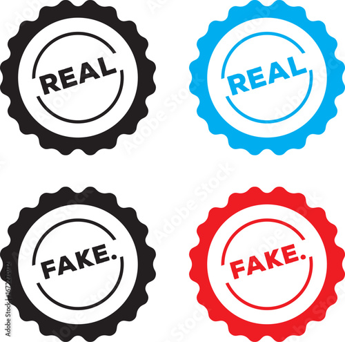 Authentic vs Fake Rubber Stamp Vector Icon Set – Grunge Style Truth and Lie Badges for Design and Illustration.