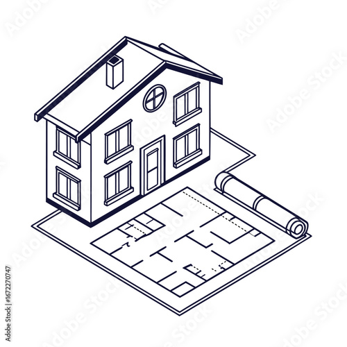 House Construction Plan Flat Design Icon of Home Building Process