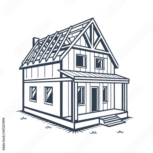 Monochrome line art illustration of a new residential house during the roof framing and construction phase