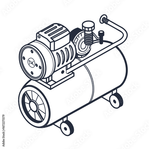 Precision line art illustration of a powerful air compressor, rendered in a crisp isometric view, ideal for workshops, construction, and diverse pneumatic tasks