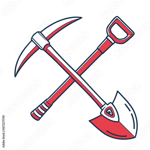 Flat design icon of a pickaxe and shovel crossed, representing manual labor, construction, and mining industries