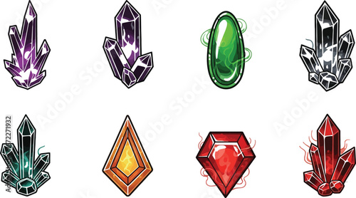 Assorted magical gems and crystals in a colorful illustration