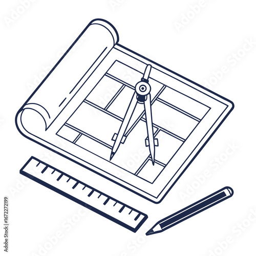 Architectural Blueprint with Compass, Ruler, and Pencil A Flat Design Icon for Construction and Planning