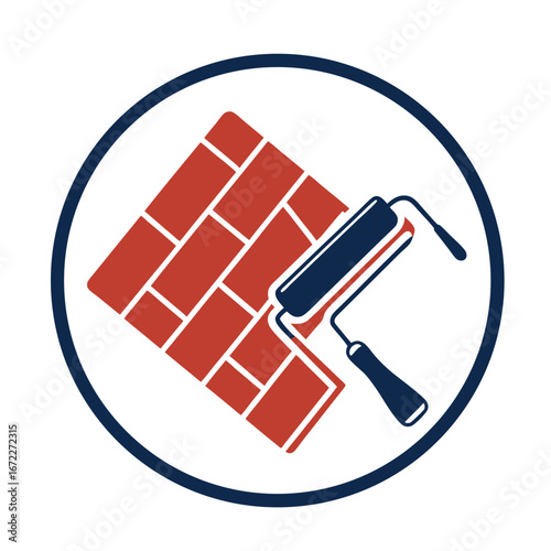 Vibrant flat design icon illustrating building renovation and home improvement projects, featuring a stylized brick wall and a paint roller for painting services and construction businesses