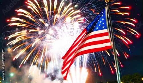 Wallpaper Mural 煙火和美國國旗飄揚是歡樂的泉源。 Torontodigital.ca