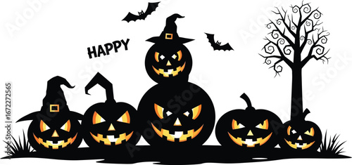 Happy halloween pumpkins with bats and a spooky tree silhouette