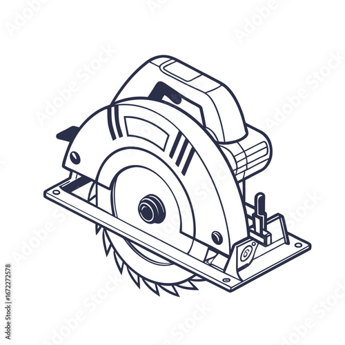 Monochrome line art vector icon of a circular saw power tool for carpentry and construction. Outline illustration of woodworking equipment
