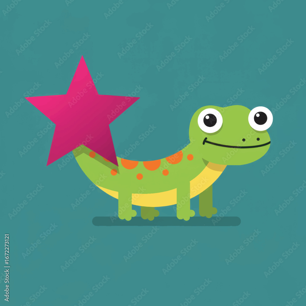 Fototapeta premium A cute green cartoon lizard with orange spots a yellow belly and a large pink star tail.